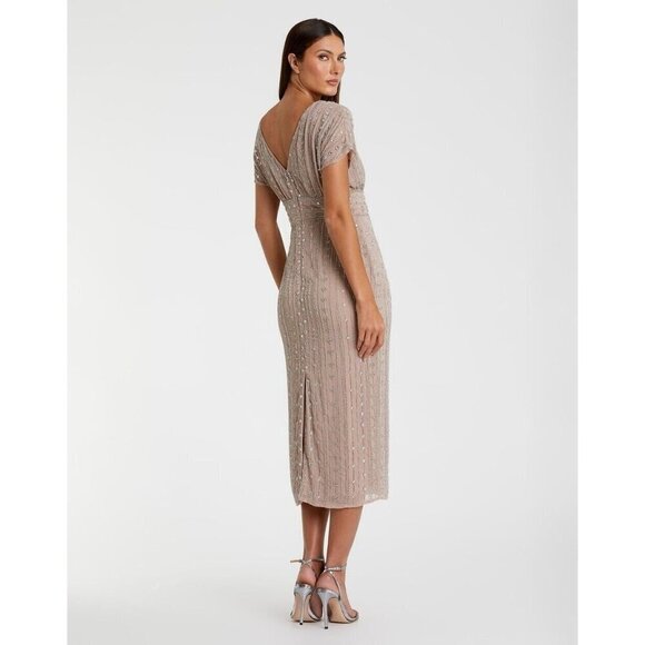 Mac Duggal Size 8 Beige 93649 Beaded Cap Sleeve Column Gown Midi Dress $498 New - Picture 4 of 14